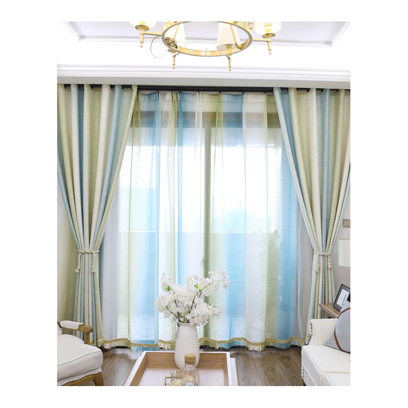 北欧风简约现代客厅卧室飘窗地中海定制窗帘遮光条纹棉麻窗帘成品