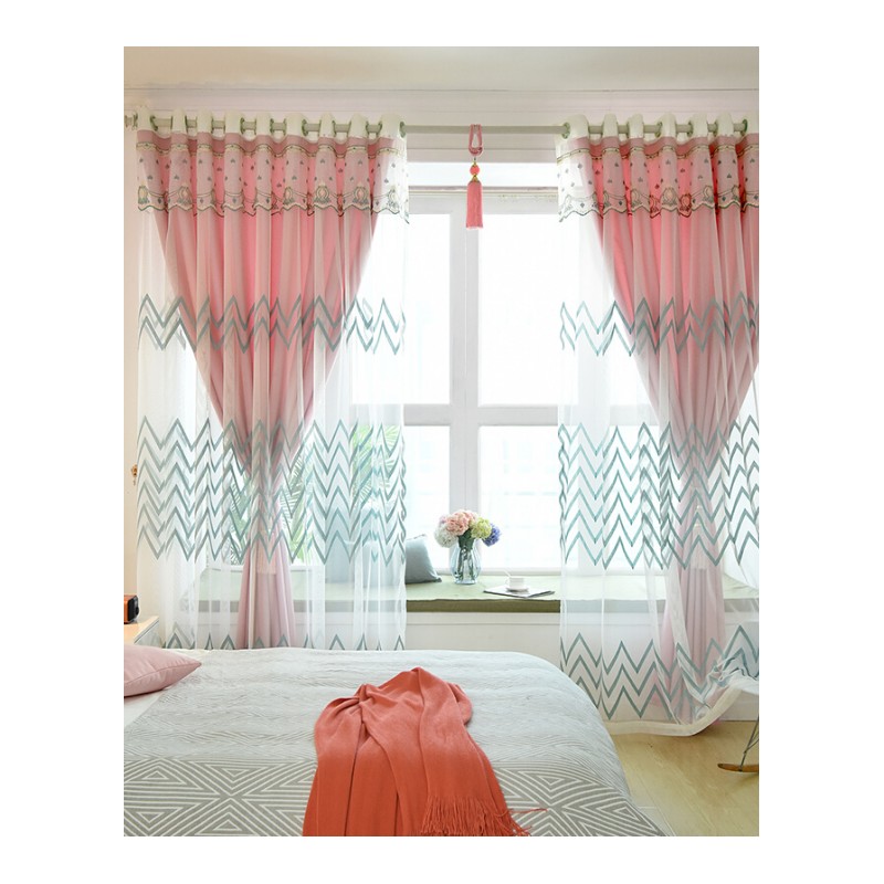 窗帘成品北欧简约现代客厅落地窗飘窗绣花纱双层隔热遮光窗帘卧室
