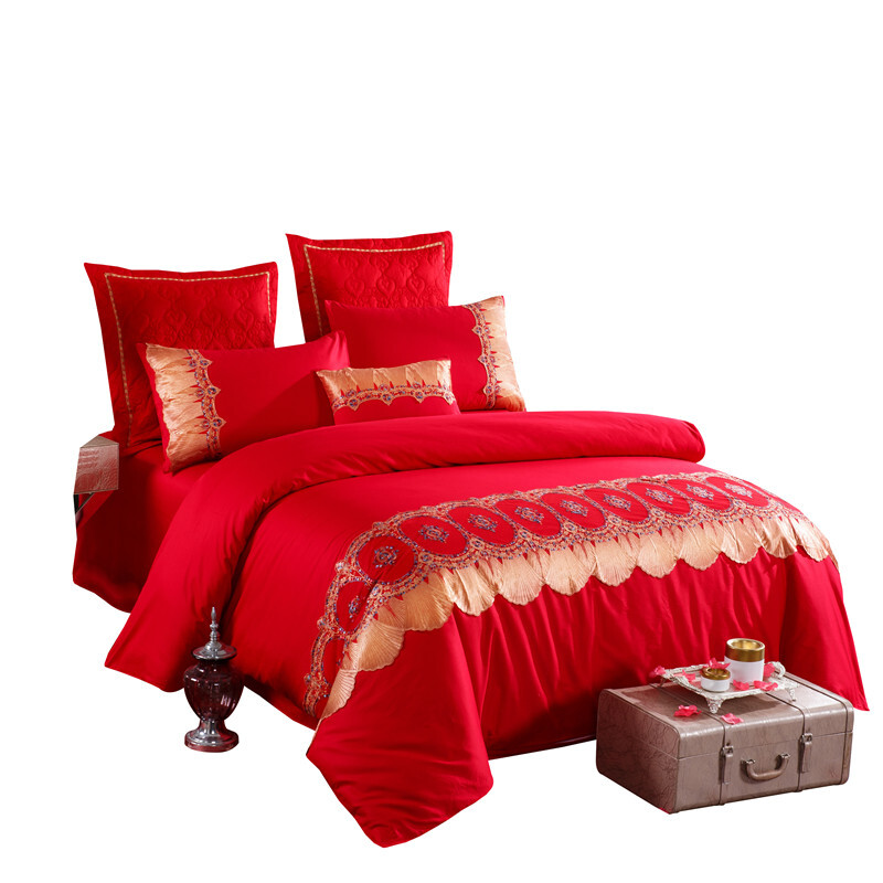 新婚庆四件套大红色刺绣全棉结婚床上用品纯棉喜被套件床单六件套