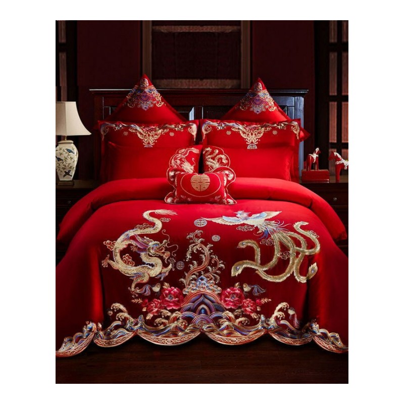 婚庆四件套大红全棉刺绣新婚床品结婚被套六八十件套床上用品