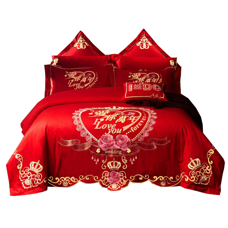婚庆四件套全棉纯棉大红色新婚房结婚床上用品单被子套件喜被婚礼