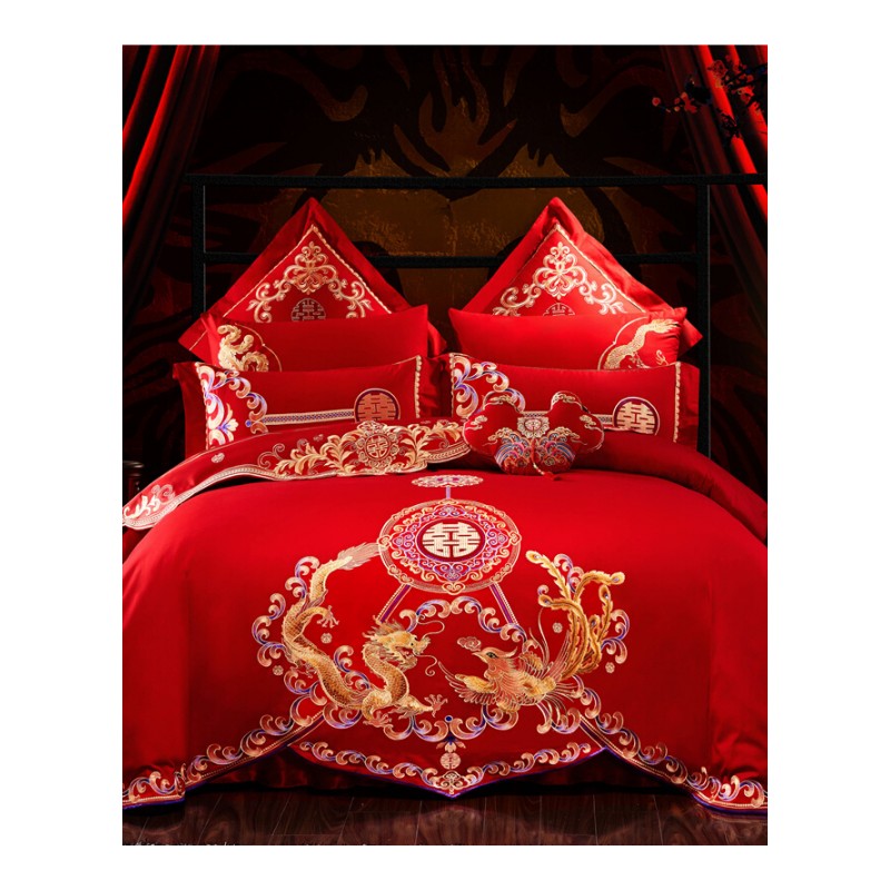 新婚庆四件套大红色全棉刺绣结婚房被套喜被子六八十件套纯棉床品
