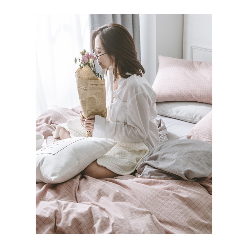 日式水洗棉三件套全棉4件套纯棉床单床笠被套床上用品四件套粉红色浅粉格子