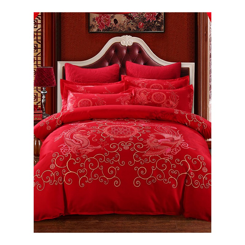 四件套全棉纯棉床上用品大红色喜被子欧美风床单被套加厚结婚婚庆