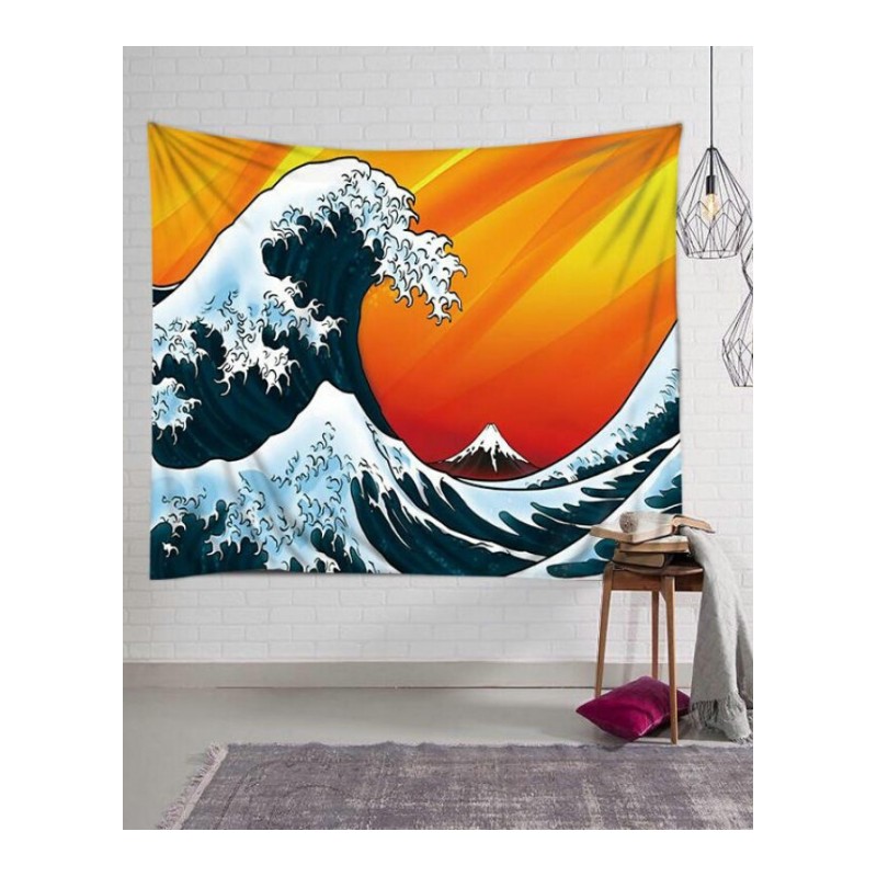 神奈川冲浪里日式浮世绘海浪挂布墙面背景装饰画布挂毯沙滩巾桌布浅灰色白浪横150X230cm