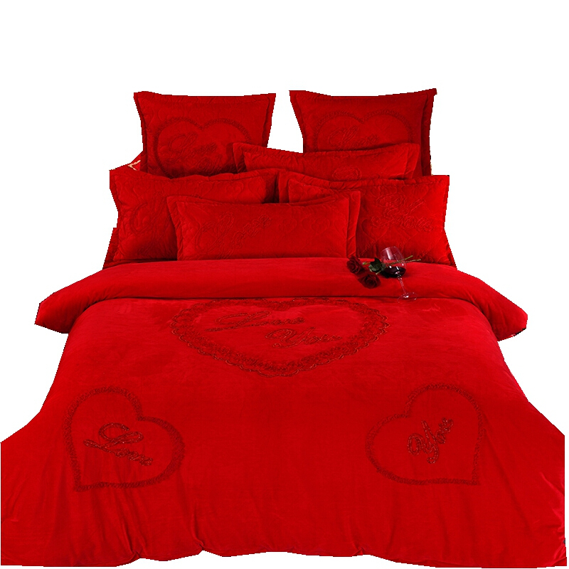 冬季婚庆四件套大红水晶珊瑚法莱绒加厚保暖床裙结婚六八件套1.8