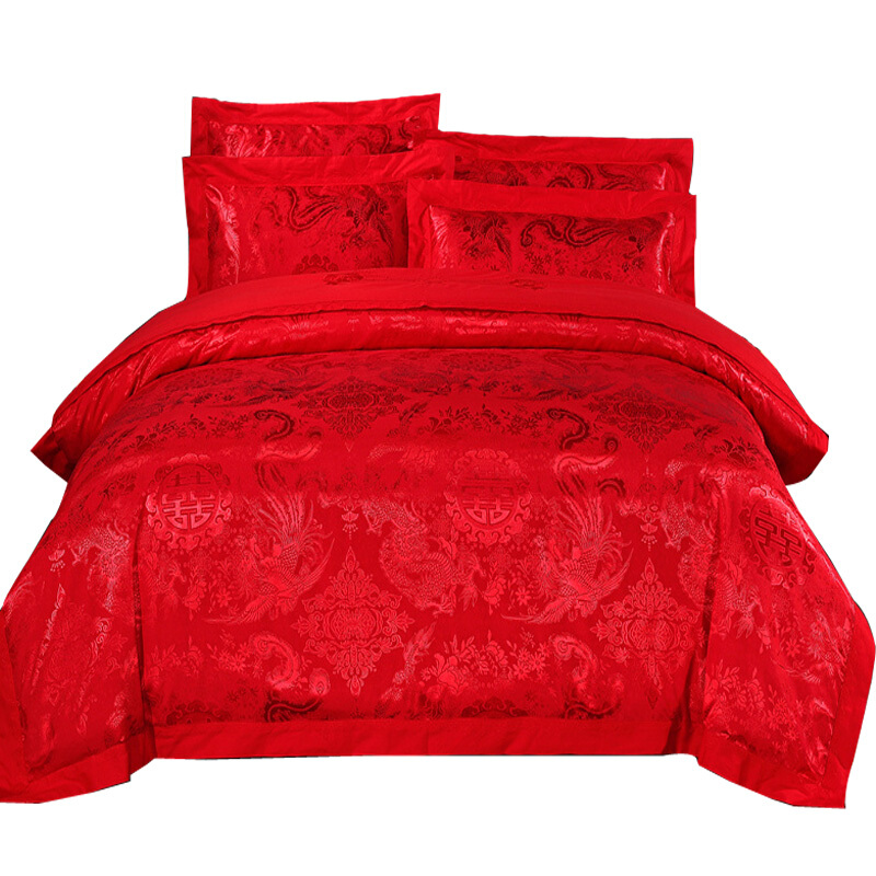 新婚床上用品婚庆四件套大红纯棉全棉贡缎提花结婚被套床单永结同心2.0m(6.6英尺)床