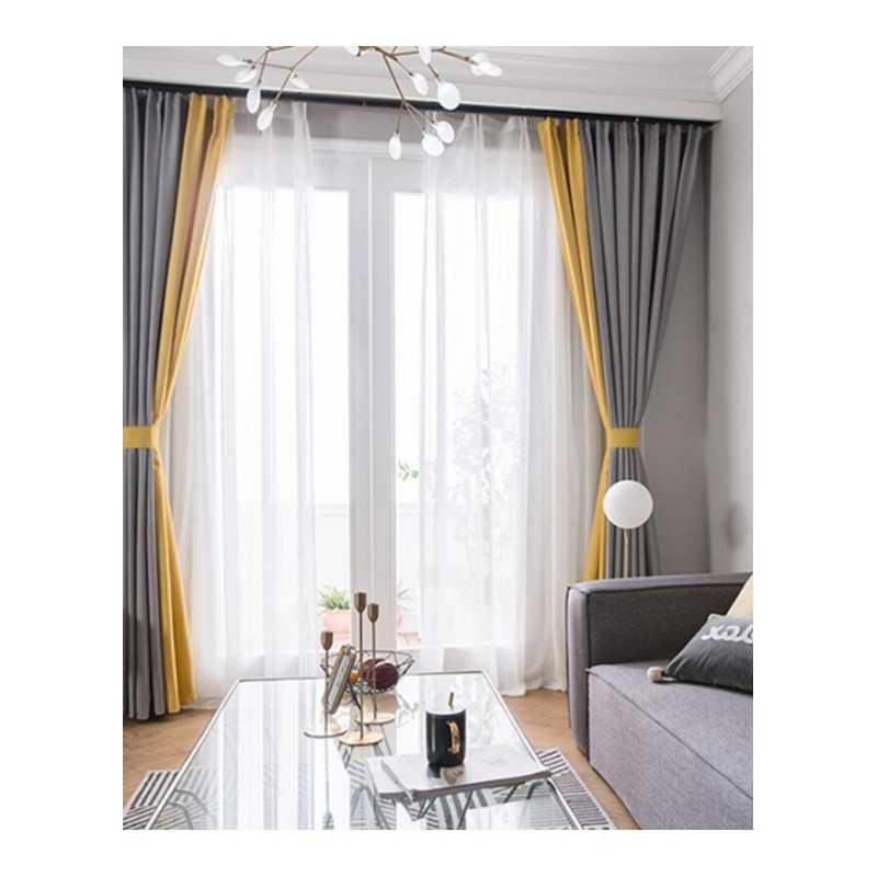 北欧风格遮光窗帘美式拼色棉麻窗帘ins素色成品定制灰色柠檬黄