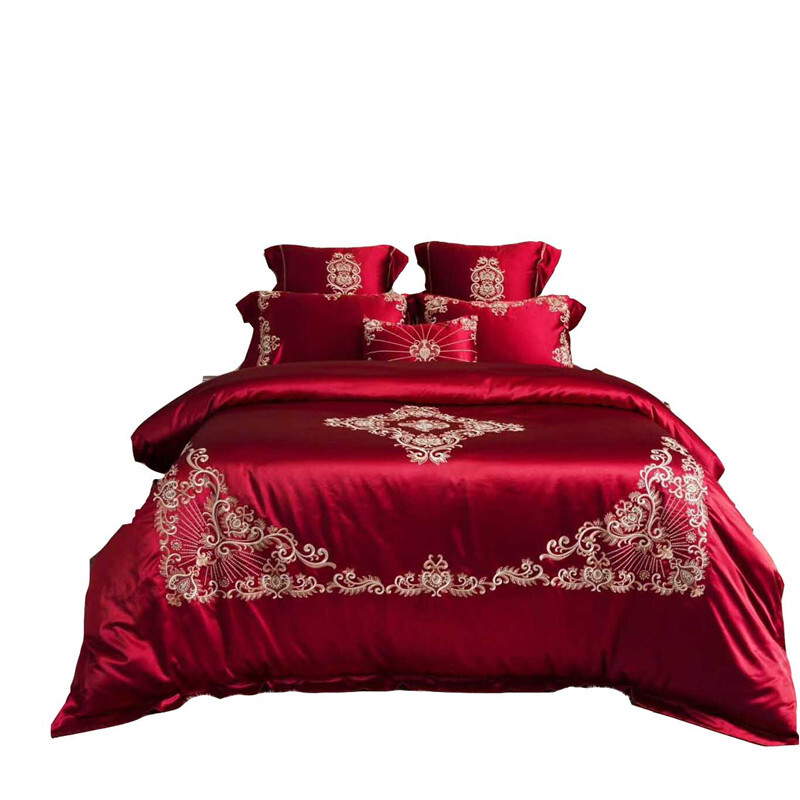 大红色真丝棉高端婚庆四件套欧美式刺绣结婚床品喜被子被套伯爵夫人