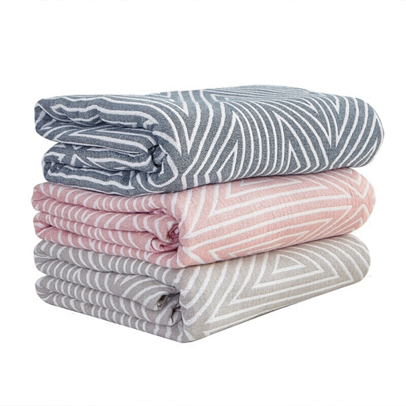 日式纯棉纱布毛巾被四层单人双人加大夏天薄毯空被休闲盖毯透气灰色灰蓝色条纹款