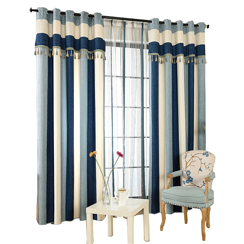 现代简约条纹蓝色地中海雪尼尔加厚遮光窗帘客厅卧室成品定制