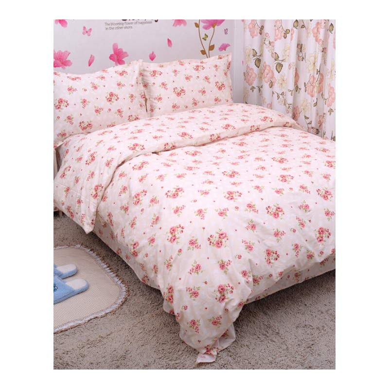 温馨粉色田园花朵床单纯棉床笠枕套被单被套单件三四件套云听花语