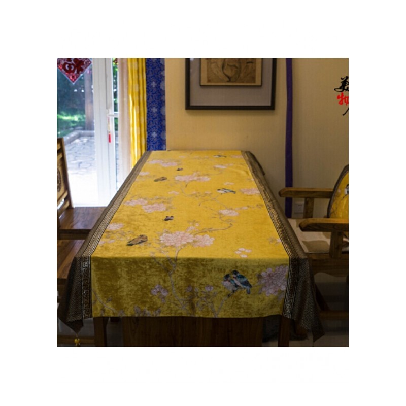 新款新古典桌旗水墨桌布台布现代黄色花鸟国画床旗桌布黄色