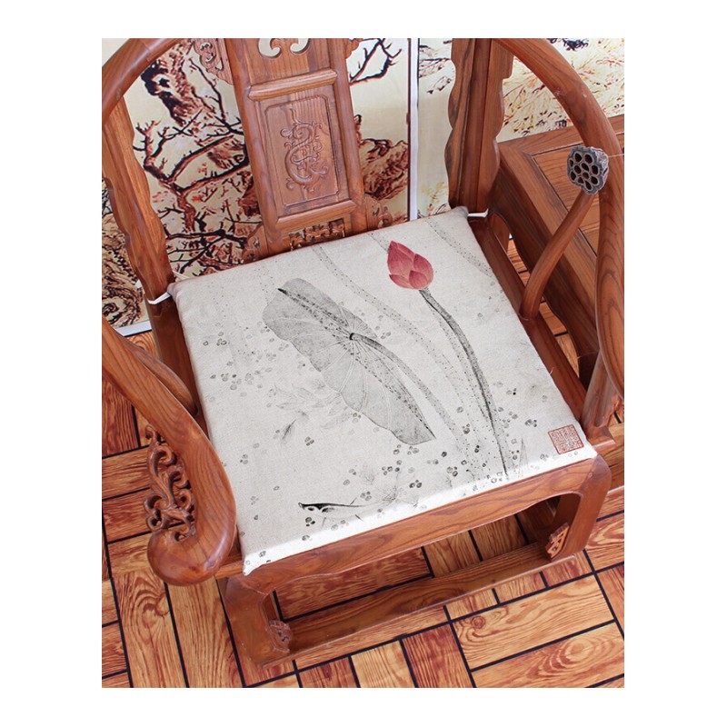 水墨荷花新中式棉麻坐垫复古沙椅垫怀旧餐椅垫官帽加厚椅垫