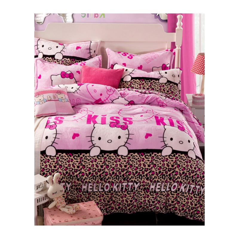 法莱绒kt猫四件套加厚保暖秋冬款珊瑚绒凯蒂猫1.8m2.0m米床单被套桔红色粉色kt猫