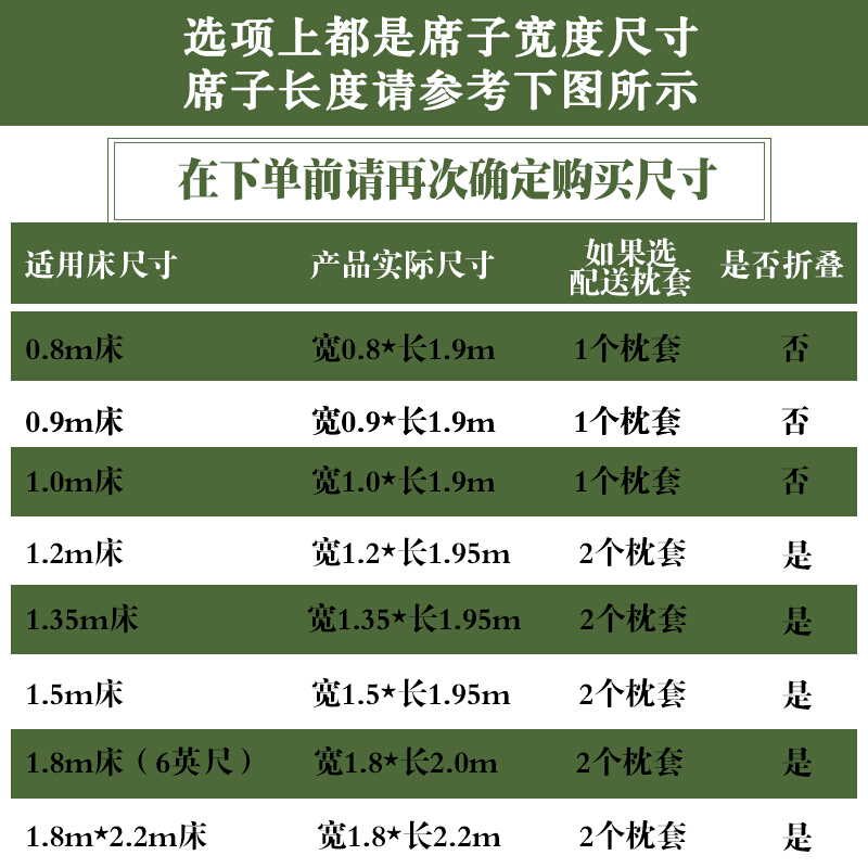 竹席凉席1.8m床1.5米1.2折叠夏季双面席子双人单人学生宿舍竹凉席