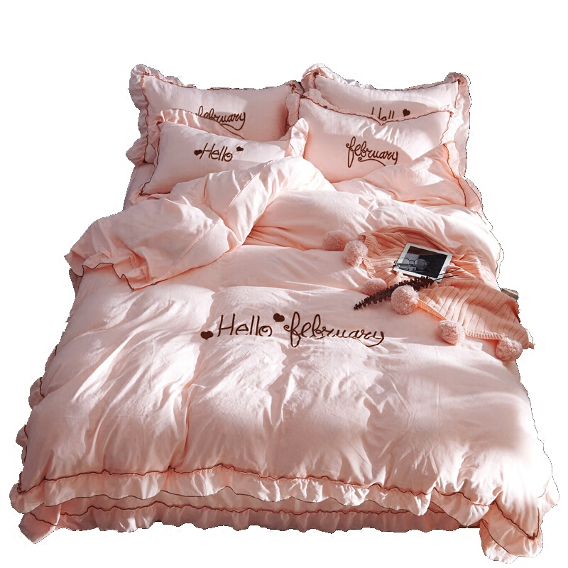 韩式公主风纯色全棉床裙式四件套床单床罩1.5m1.8春夏款床上用品白色白+灰2.2床;床单款四件套