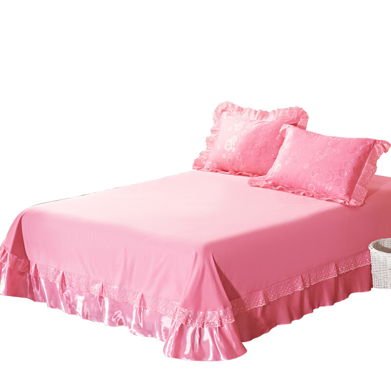 蕾丝韩版纯棉婚庆床单单件全棉花边公主纯色床罩被单绸缎边粉红色270*290床单+枕套1对