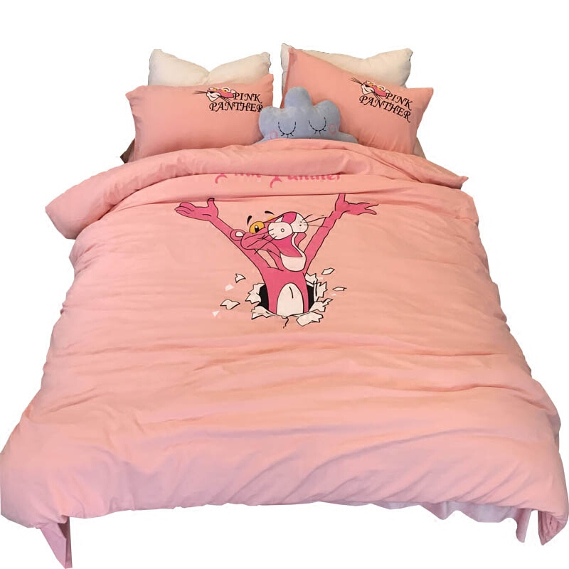 INS粉红豹水洗棉床上四件套网红情侣加厚磨毛被套床单少女三4件套粉红色粉红豹