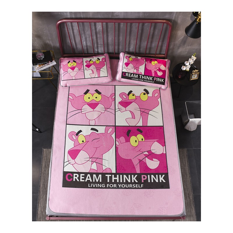 夏季可水洗折叠席子卡通粉红豹空软席冰丝凉席三件套1.51.8m床乳白色可爱粉红豹