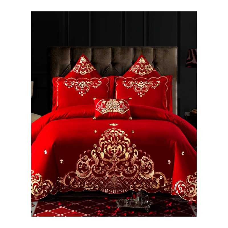 婚庆四件套大红色被套结婚床上用品喜庆纯棉六件套床品刺绣秋