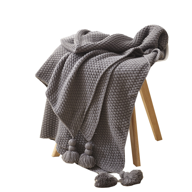 北欧流苏针织球毯毛线毯办公室空午休毯披肩盖毯沙休闲毯毛毯灰色130cm*170cm