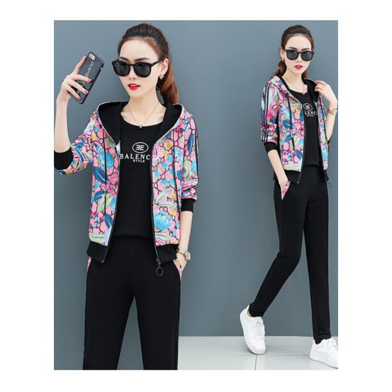 2018秋装休闲新款运动套装女连帽开衫时尚大花拼色宽松显瘦三件套