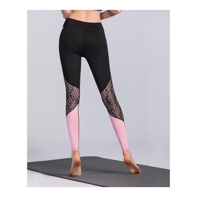 新款黑色蕾丝拼接瑜伽裤 健身裤粉色运动打底裤瑜伽服女