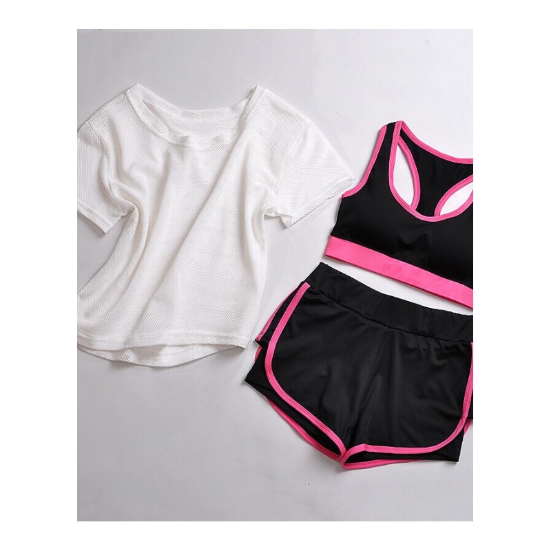 运动套装女夏瑜伽服网孔罩衫背心短裤三件套健身跑步运动文胸夏季
