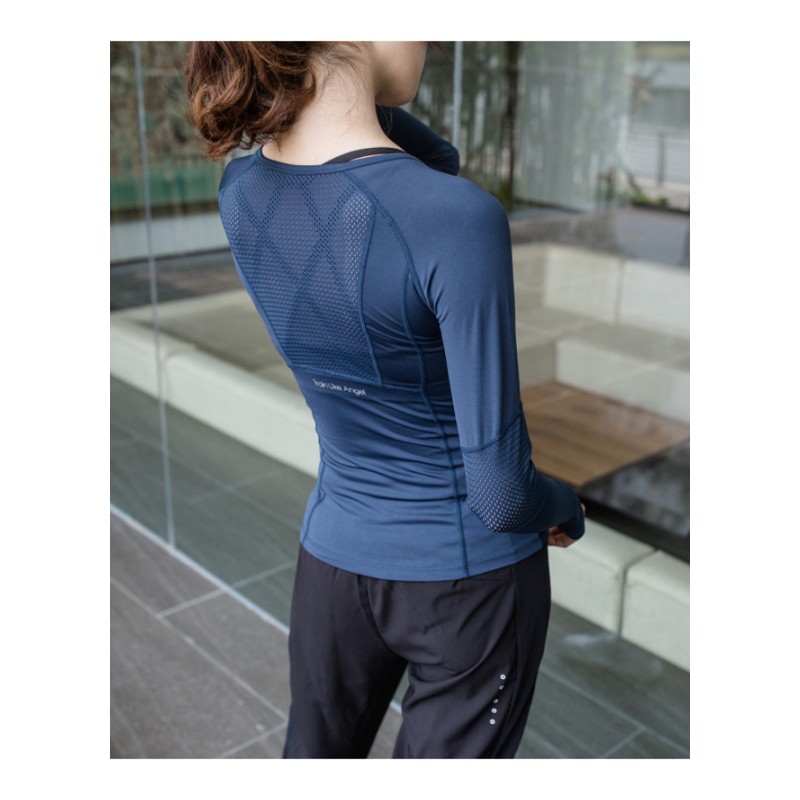 健身长袖T恤女秋季圆领修身显瘦拼网瑜伽运动上衣弹力透气速干衣