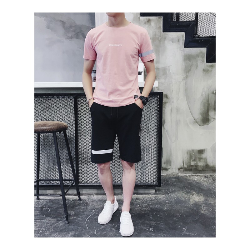 2018夏季男式休闲套装纯色短袖T恤大码运动套装5分裤男装