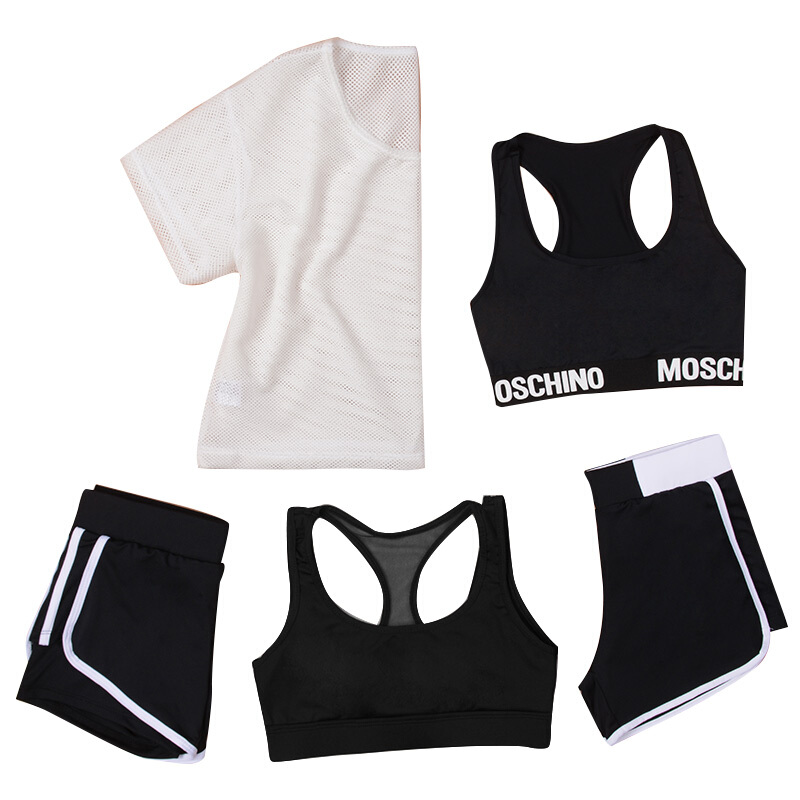 夏季女瑜伽服短袖网衫晨跑步背心速干短裤运动套装女健身服五件套