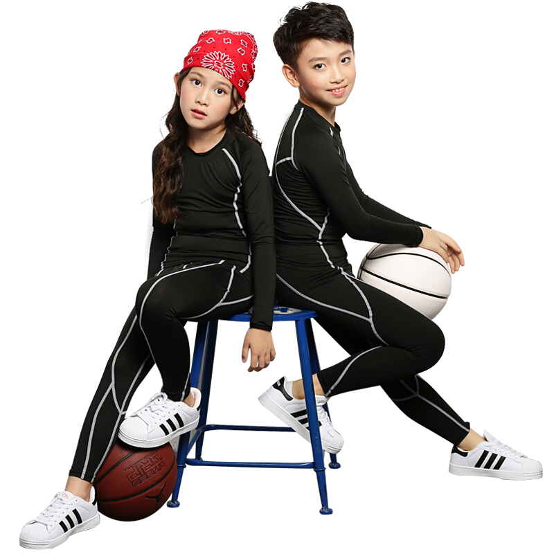儿童紧身衣套装运动长袖篮球训练服黑色打底衫速干健身男女学生黑色