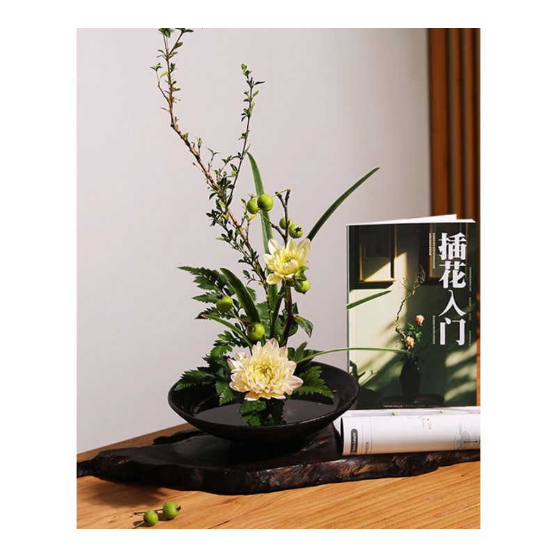 花器陶瓷花盆插花器花盘-塑料白色三足17cm+3.4cm剑山