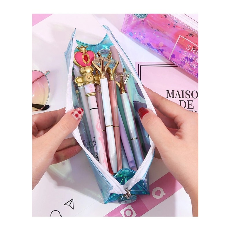 韩国新简约少女心透明铅笔袋网红创意可爱小清新学生用镭射文具盒