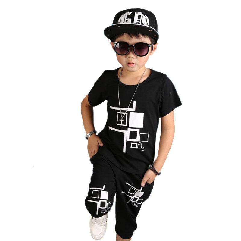 男童嘻哈服方框图案印花上衣儿童街舞服休闲短袖T运动套装