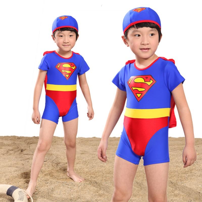 [促销]男童超人连体带泳帽儿童泳衣泳裤男童宝宝泳衣男孩连体泳装中大童