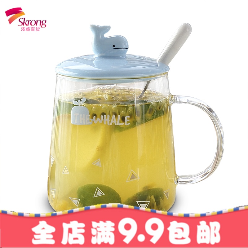 网红ins玻璃花茶水杯子带盖勺家用女学生韩国清新透明可爱马克杯