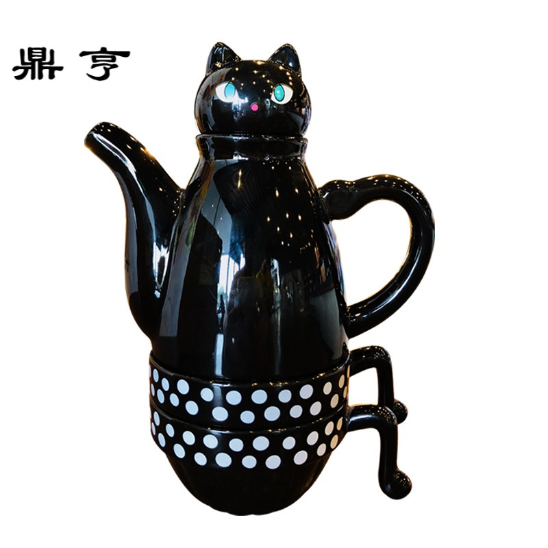 鼎亨日式泡茶水杯萌猫简约茶具陶瓷小茶壶带过滤网不锈钢咖啡餐厅