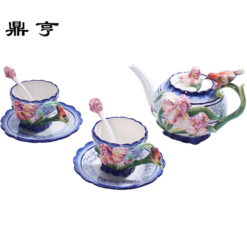 鼎亨青花茶具兰花茶壶杯碟组陶瓷杯子组合水壶茶杯套装咖啡杯瓷杯