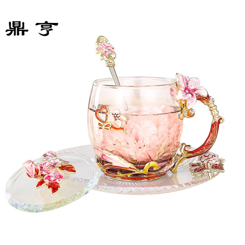 鼎亨百合珐琅彩水杯玻璃杯子女家用洛施花舍套装耐热创意套花