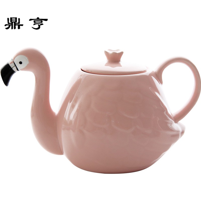 鼎亨粉色火烈鸟茶壶套装创意卡通陶瓷杯两杯一壶日用百货陶瓷茶水