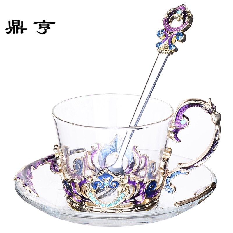 鼎亨珐琅彩咖啡杯欧式茶杯套装欧式创意杯子玻璃咖啡杯套装带碟带