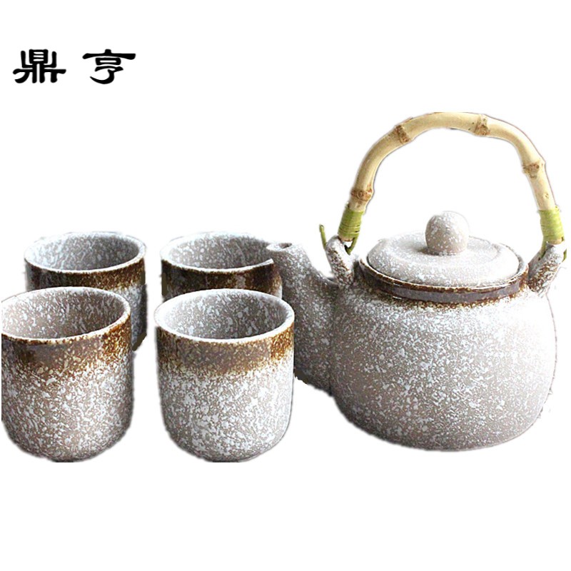 鼎亨手绘陶瓷茶壶茶杯套装土陶磨砂壶日式茶壶藤条手把水壶带4茶