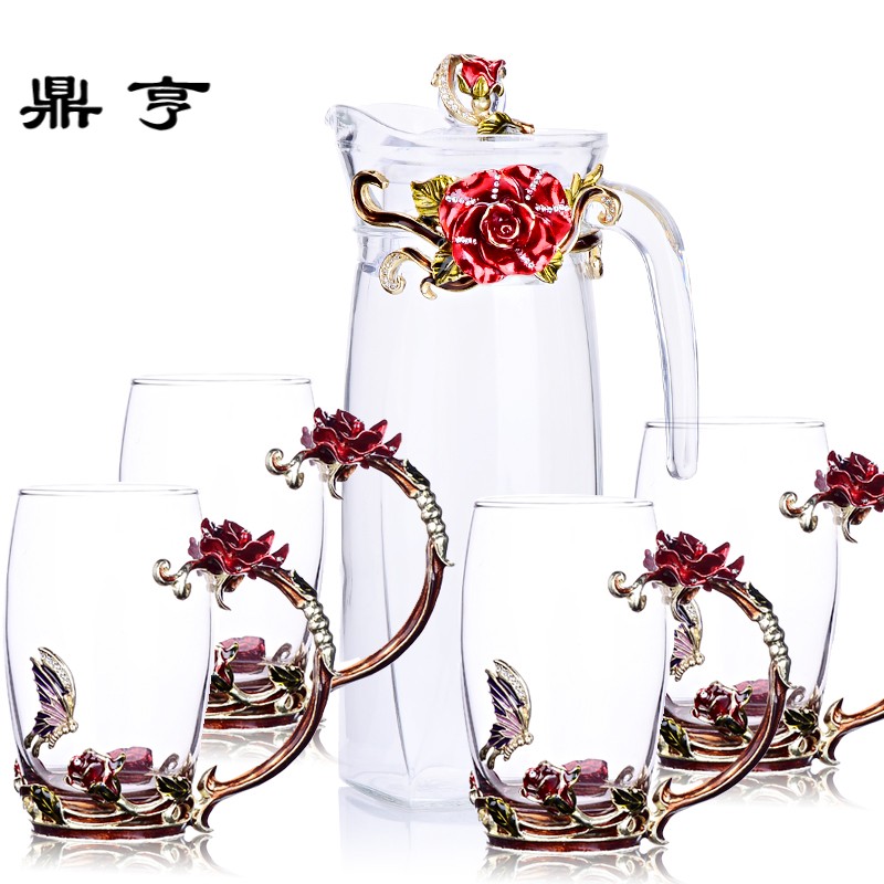 鼎亨LUXURY欧式珐琅彩水杯水壶套装创意花茶杯耐热玻璃杯礼品咖啡