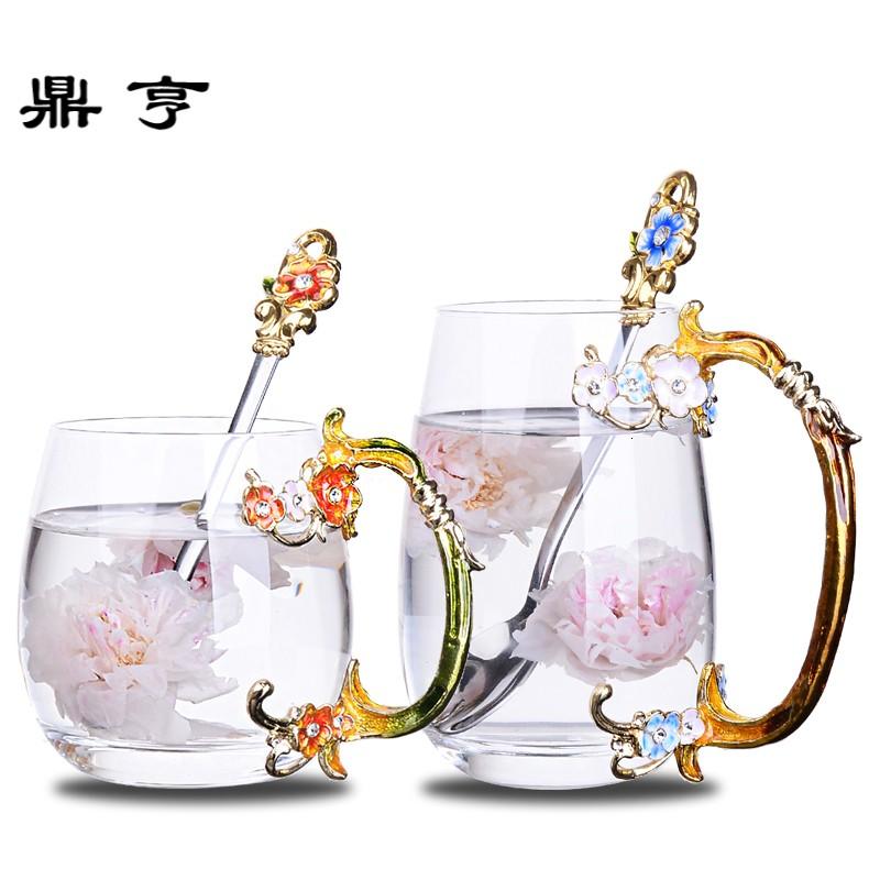 鼎亨创意梅花珐琅彩耐热水晶玻璃杯 花茶杯子咖啡杯 结婚套装