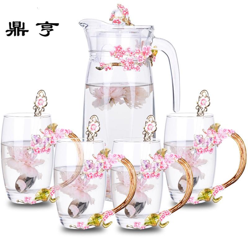 鼎亨创意珐琅彩兰梅水杯水壶套装家用花茶杯果汁杯耐热玻璃杯个性
