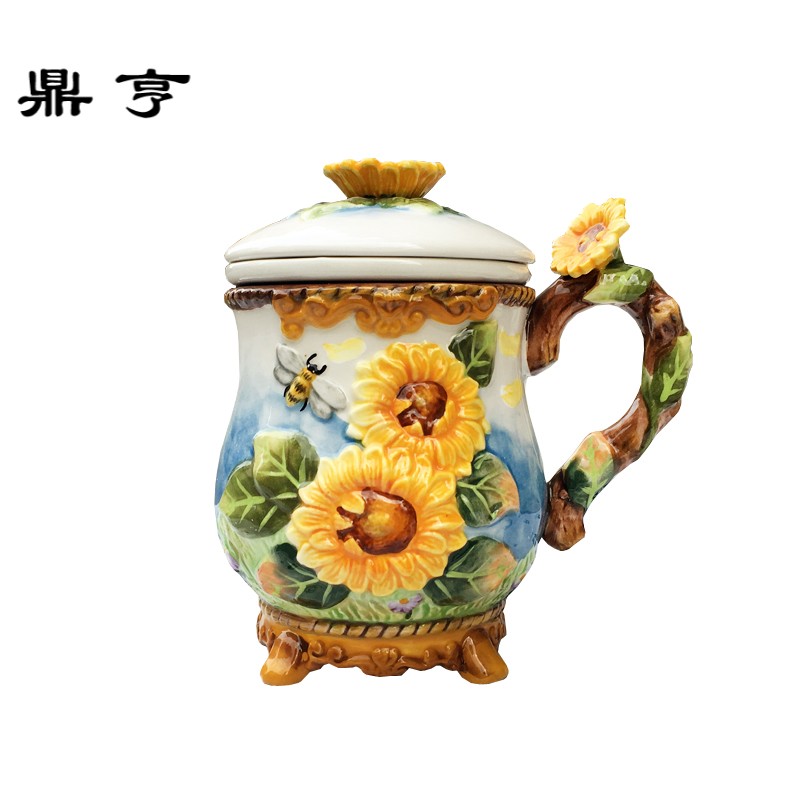 鼎亨欧式美式家居茶杯办公室带盖滤茶杯手绘太阳花陶瓷水杯精致礼