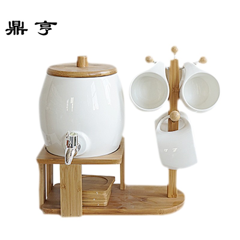 鼎亨隅。送礼陶瓷茶具套装带水龙头含竹架子杯架北欧创意家居茶壶
