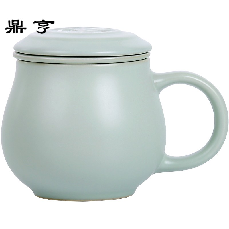 鼎亨汝窑茶杯套装福陶瓷带盖茶滤个人办公杯三件杯茶水分离泡茶杯